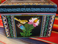 Mexican vintage wood carving, and Mexican vintage folk art, a laquered box from Olinala, Michoacan, with fantastic birds and foliage, c. 1950. A view of another side.