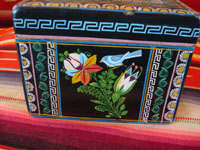 Mexican vintage wood carving, and Mexican vintage folk art, a laquered box from Olinala, Michoacan, with fantastic birds and foliage, c. 1950. Another view of another side of box.