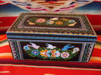 Mexican vintage wood carving, and Mexican vintage folk art, a laquered box from Olinala, Michoacan, with fantastic birds and foliage, c. 1950. Main photo.