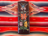 Mexican vintage woodcarving, a laquer-ware box from Uruapan, Michoacan, c. 1930. Beautifully decorated with hand-painted flowers and foliage.  Photo of top of box.