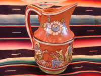 Mexican vintage pottery and ceramics, a wonderful pottery pulque pitcher from Tlaquepaque, Jalisco, c. 1930's. Another view of the musicians on the side of the pitcher.