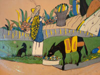Mexican vintage pottery and ceramics, a wonderful charger from Tlaquepaque, Jalisco, c. 1930's. Closeup photo of the campesino and burro.