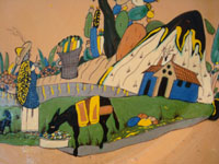 Mexican vintage pottery and ceramics, a wonderful charger from Tlaquepaque, Jalisco, c. 1930's. Another closeup photo of the rural scene of a campesino and burro on the front of the charger.