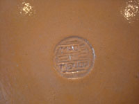 Mexican vintage pottery and ceramics, a wonderful charger from Tlaquepaque, Jalisco, c. 1930's. Photo of the stamp on the back of the charger, Made in Mexico.