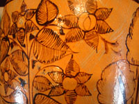 Mexican vintage pottery and ceramics, a beautiful vase with lovely floral designs, from Tlaquepaque, Jalisco, c. 1940's. Another closeup of the floral designs on the Tlaquepaque pottery vase.