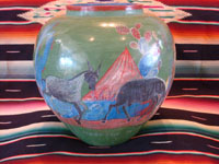 Mexican vintage pottery and ceramics, a beautiful burnished, green pottery olla with incredibly wonderful scenes, Tonala, Jalisco, c. 1930's. The scenes feature a campesino and his burro. Another view of the olla or vase.