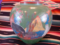 Mexican vintage pottery and ceramics, a beautiful burnished, green pottery olla with incredibly wonderful scenes, Tonala, Jalisco, c. 1930's. The scenes feature a campesino and his burro. Another side of the olla.