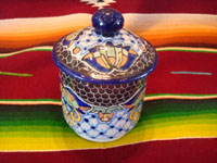Mexican vintage pottery and ceramics, a beautiful lidded Talavera dish from Puebla, bearing the mark of the Uriarte fabrica, c. 1960's. Another side-view of the Talavera lidded bowl.