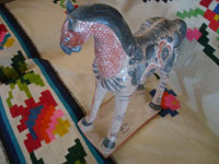 Mexican vintage folk art, and Mexican vintage pottery and ceramics, a lovely burnished pottery horse with beautiful hand-painted decorations, Tonala, c. 1950's. Main photo of the pottery horse.