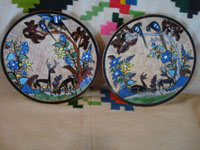 Mexican vintage pottery and ceramics, a very lovely pair of pottery plates with a fine petatillo cross-hatched background and very beautiful artwork, by Tomas Lucano, Tonala or San Pedro Tlaquepaque, Jalisco, c. 1930's.  Main photo of the pair of plates by Tomas Lucano.