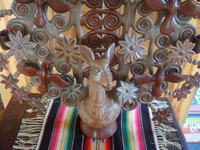 Mexican vintage folk art, and Mexican vintage pottery and ceramics, an incredible pottery tree-of-life, in the form of a trellis decorated with birds and flowers, and with a wonderful deer at its base, by the famous Heron Martinez of Acatlan, Puebla, c. 1950's.  Closeup photo of the deer at the base of the tree.