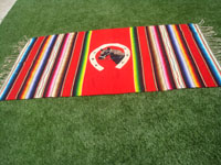 Mexican vintage textiles and serapes (sarapes), a lovely pictorial Saltillo serape featuring a wonderful horse's head centered in a horse-shoe, Zacatecas, Mexico (known for pictorial Saltillos), c. 1930. Main photo of the serape.