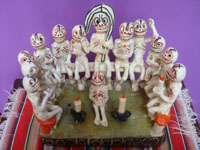 Mexican vintage folk art, a wonderful pottery piece depicting a gathering of souls or skeletons, perhaps Christ and the Apostles, or some rite of passage, Ocumicho, Michoacan, c. 1950's. Main photo of the piece.