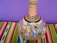 Mexican vintage pottery and ceramics, a beautiful petatillo (background fine cross-hatching resembling a straw mat, or petate) water jar with the cup, Tonala or San Pedro Tlaquepaque, c. 1940's.  Photo of the decorations on the jar showing the donkeys.