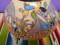 Mexican vintage pottery and ceramics, a beautiful petatillo (background fine cross-hatching resembling a straw mat, or petate) water jar with the cup, Tonala or San Pedro Tlaquepaque, c. 1940's.  Clloseup photo of some of the decorations on the jar.