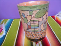 Mexican vintage pottery and ceramics, a beautiful petatillo (background fine cross-hatching resembling a straw mat, or petate) water jar with the cup, Tonala or San Pedro Tlaquepaque, c. 1940's.  Closeup photo of the cup.