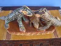Mexican vintage folk art, a fanciful and wonderful pottery sculpture of two dueling seals and a startled turtle, Ocumicho, Michoacan, c. 1940's. Main photo of the pottery sculpture from Ocumicho.