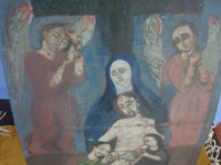 Mexican vintage devotional art, a retablo painted on tin showing Mother Mary, Mary Magdalen, an Apostle, and two angels taking the body of the Crucified Christ down from the Cross, c. 1940's. Another closeup photo showing the figures painted on the retablo.