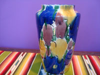Mexican vintage pottery and ceramics, a beautiful dripware (losa goteada) majolica vase with wonderful and colorful glazes, Oaxaca, c. 1930's.  Photo of the second side of the vase.