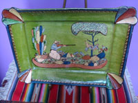 Mexican vintage pottery and ceramics, a beautiful rectangular pottery dish decorated with a finely painted hunting scene, Tonala or San Pedro Tlaquepaque, c. 1940. Main photo of the dish.