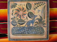 Mexican vintage pottery, Tonala tile with blue fox, 1940.