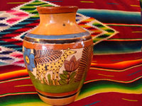 Mexican vintage pottery, Tlaquepaque vase with petatillo background and showing a giraffe and a lovely deer, c. 1930.