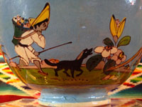 Mexican vintage pottery, Tlaquepaque bowl, closeup of Mexican peasant carrying a heavy load.