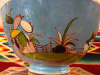 Mexican vintage pottery, Tlaquepaque bowl, closeup photo of floral designs around side.