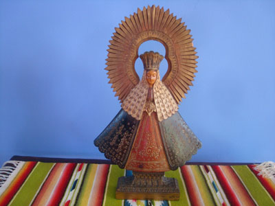 Mexican vintage devotional art, a beautiful image of Our Lady of the Soledad (Patroness of Oaxaca) beautifully carved of wood and beautifully painted, signed D. Cortes, c. 1930-40's.