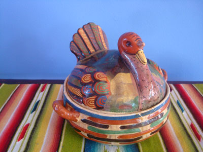 Mexican vintage pottery and ceramics, a wonderful pottery lidded casserole in the form of a nesting turkey, beautifully glazed and with wonderful colors, Tonala or San Pedro Tlaquepaque, Jalisco, c. 1940's.