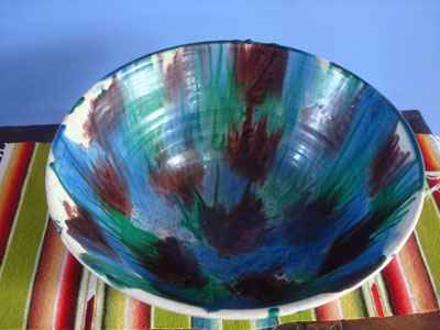 Mexican vintage pottery and ceramics, a beautiful drip-ware pottery bowl with wonderful colors of glaze, Oaxaca, c. 1930's.