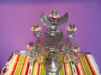 Mexican vintage tinwork art, a lovely tinwork art candlelabra with a beautiful floral design, Oaxaca, c. 1960.