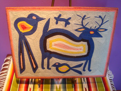 Mexican vintage folk art, a Huichol yarn paintaing, c. 1950.