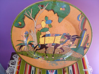 Mexican vintage pottery and ceramics, a beautiful pottery charger with wonderful artwork, Tonala or San Pedro Tlaquepaque, c. 1930's.