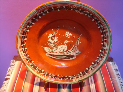 Mexican vintage pottery and ceramics, a beautiful banderaware pottery charger with wonderful artwork, Tonala or San Pedro Tlaquepaque, Jalisco, c. 1930's,