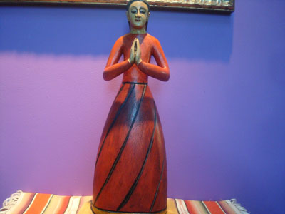 New Mexican vintage devotional art, a beautiful carved wooden bulto depicting Our Lady of Sorrows, New Mexio, c 1970's.