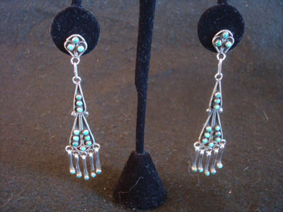 Native American Indian sterling silver jewelry, and Zuni sterling silver jewelry, a beautiful pair of chandelier-style sterling silver dangling earrings, Zuni Pueblo, New Mexico, c. 1940's.
