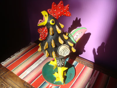 Mexican vintage folk art, and pottery and ceramics, a wonderful pottery rooster signed J.J.R.M (Juan Jose Ramos Medrano, known for his colorful, soulful ceramics), Santa Cruz de las Huertas, Jalisco, c. 1960.