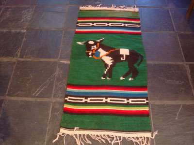 Mexican vintage textiles and serapes, a wonderful pictorial textile featuring an adorable donkey, with a tight weave and bold colors, Zacatecas, 1950's.