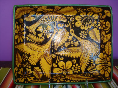 Mexican vintage pottery and ceramics, a beautiful fantasia dish with colorful and very imaginative decorations, Tonala or San Pedro Tlaquepaque, c. 1940's.