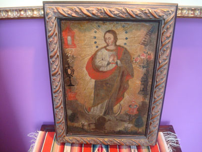 Mexican vintage devotional art, and vintage Mexican fine art, a beautiful oil painting of the Immaculate Conception, c. 1900.