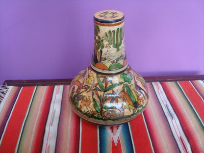Mexican vintage pottery and ceramics, a pottery water bottle and cup with incredi bly fine artwork, Tonala or San Pedro Tlaquepaque, c. 1930's.
