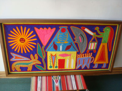 Mexican vintage folk art, a Huichol yarn painting with wonderful symbols and colors, Northern Mexico (Nayarit), c. 1940's.