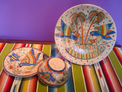 Mexican vintage pottery and ceramics, a Tlaquepaque "starry night" set, including a plate, a saucer, and a cup, all beautifully decorated with very fine artwork, San Pedro Tlaquepaque or Tonala, Jalisco, c. 1930's.