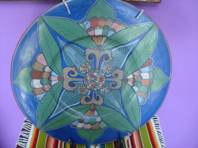 Mexican vintage pottery and ceramics, a beautiful burnished charger with wonderful colors and fine artwork, Tonala or San Pedro Tlaquepaque, c. 1940's.