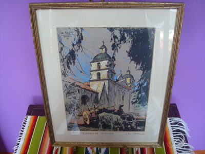 Mexican and North American fine art, a beautiful vintage print from an original pastel by artist Dan Masefield, depicting the Santa Barbara mission, c. 1931.