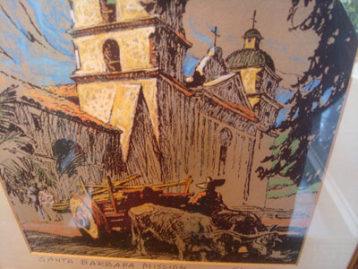 Mexican and North American fine art, a beautiful vintage print from an original pastel by artist Dan Masefield, depicting the Santa Barbara mission, c. 1931. The scene is beautifully colored with very nice shadows.