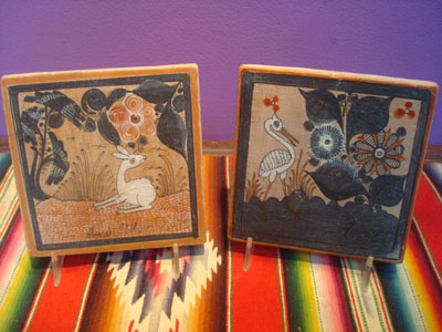 Mexican vintage folk art, a beautiful pair of tiles by master artist Amado Galvan, Tonala, c. 1950 or earlier.