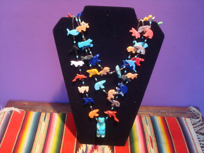 Native American Indian vintage jewelry, and Zuni vintage jewelry, a beautiful 3-strand hesh and carved fetish necklace, Zuni Pueblo, New Mexico, c. 1980.