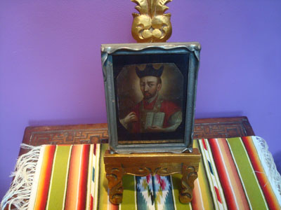 Mexican vintage devotional art, a retablo painted on tin depicting St. Ignatius of Loyola, founder of the Society of Jesus, Jesuits, c. 1930's.